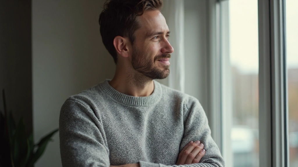 Persoon staat voor raam en kijkt buiten met doordachte blik, licht van buiten valt op gezicht