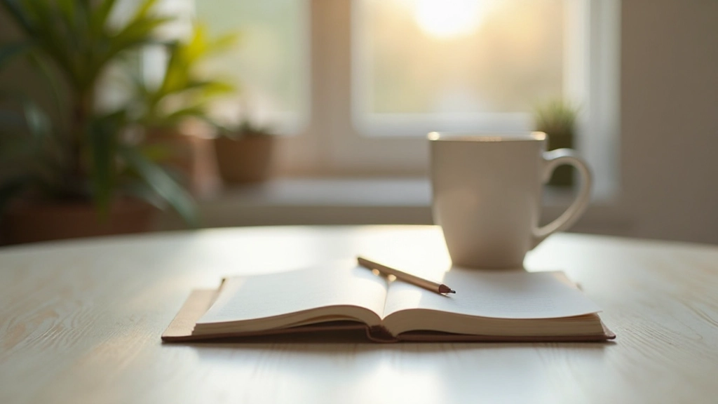 Rustige werkplek met notitieblok en koffie in natuurlijk daglicht