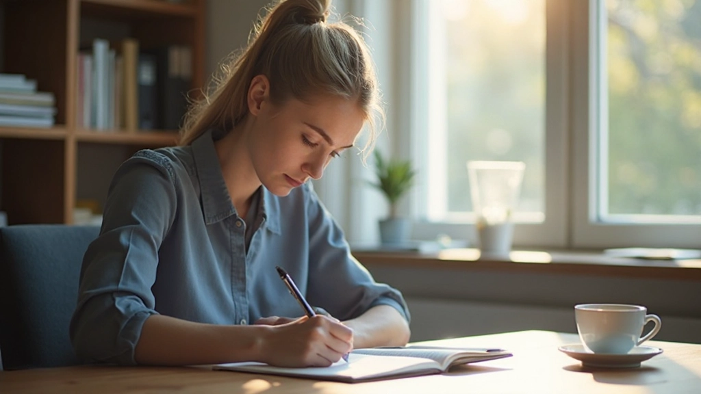 Persoon zit aan een bureau met notitieboek en maakt doelstellingen op papier