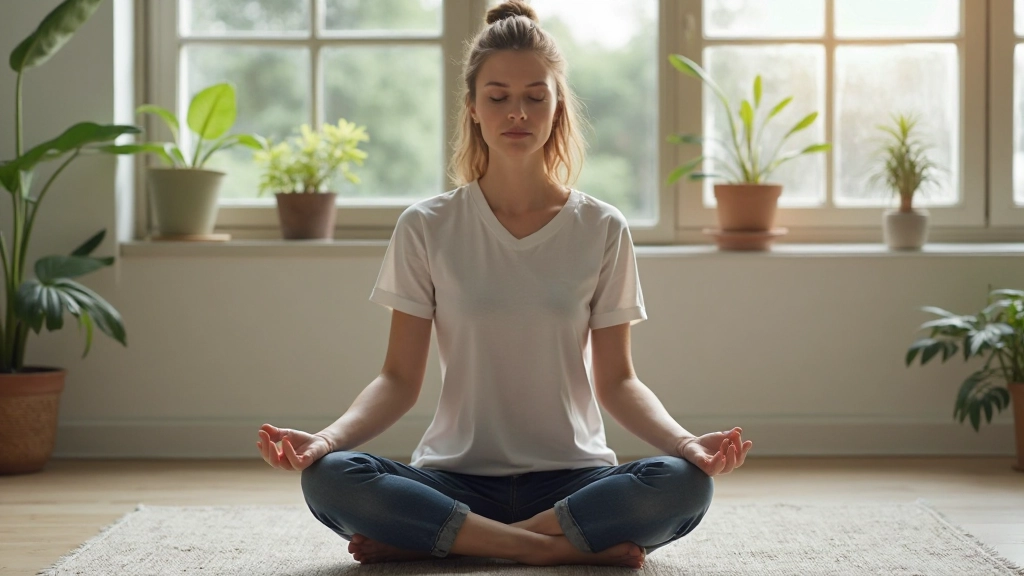 Persoon zit in meditatieve houding in stille ruimte met ramen die daglicht binnenlaten