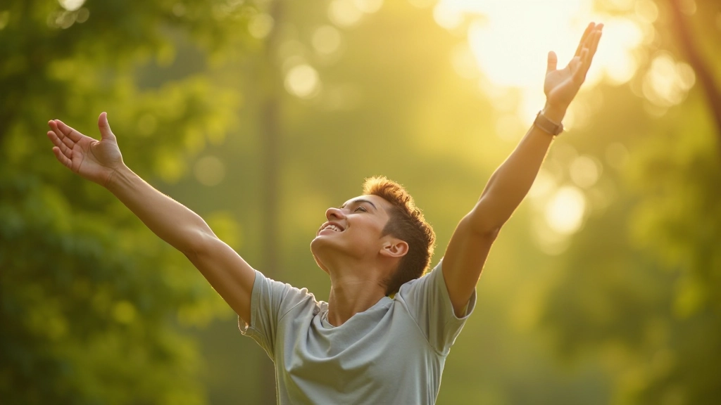 Persoon strekt zich uit in de zon met armen omhoog, voelt zich energiek en fris